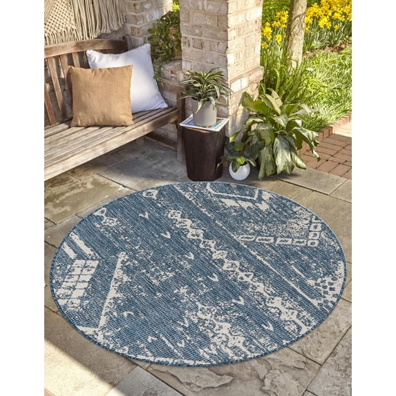 Unique Loom Outdoor Bohemian Collection Area Rug - Anthro (7' 10" Round Blue/Ivory)