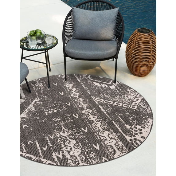 Unique Loom Outdoor Bohemian Collection Area Rug - Anthro (7' 10" Round Charcoal Gray/Ivory)