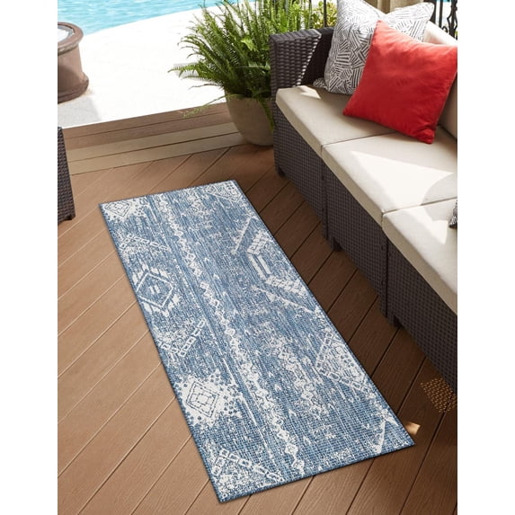 Unique Loom Outdoor Bohemian Collection Area Rug - Anthro (2' x 8' Runner Blue/Ivory)