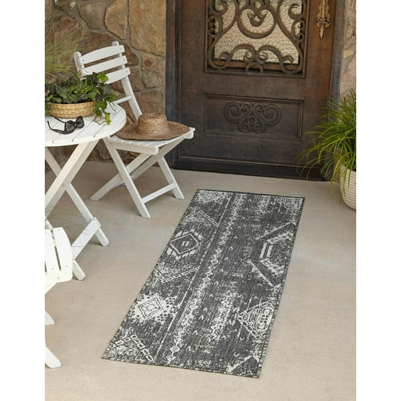 Unique Loom Outdoor Bohemian Collection Area Rug - Anthro (2' x 8' Runner Charcoal Gray/Ivory)
