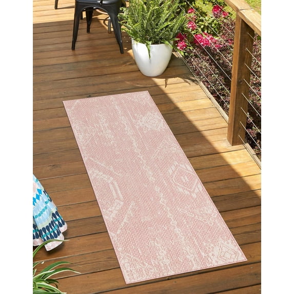 Unique Loom Outdoor Bohemian Collection Area Rug - Anthro (2' x 8' Runner Pink/Ivory)