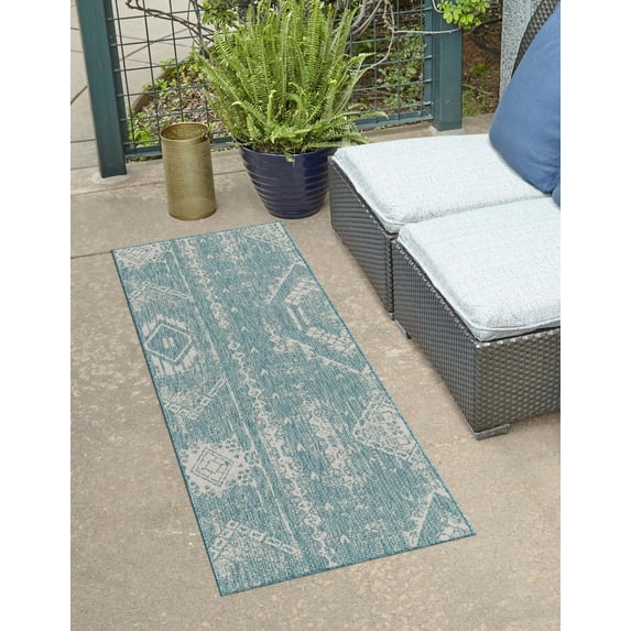 Unique Loom Anthro Outdoor Bohemian Runner Rug 3' 3 x 14' 0 Light Aqua