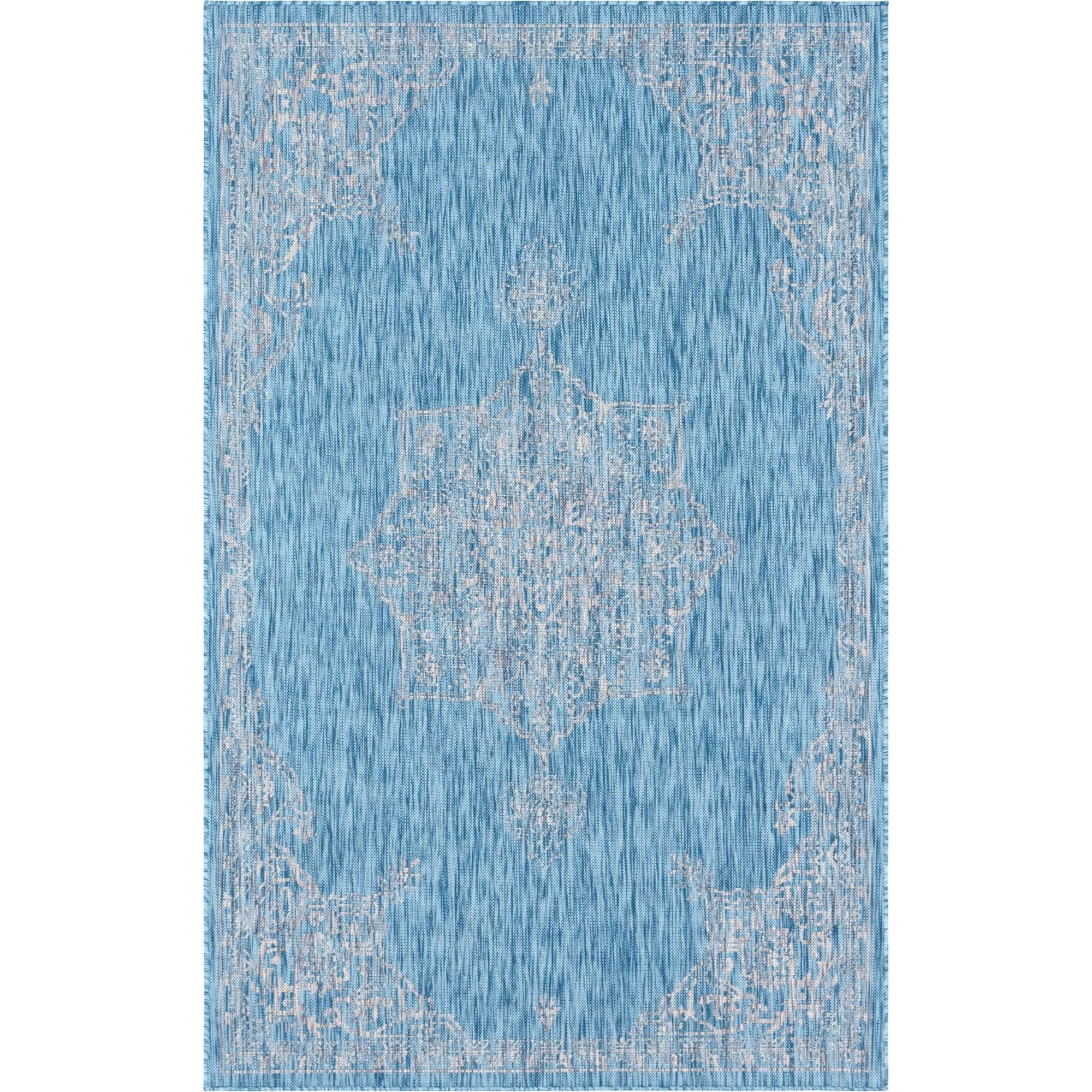 Aqua Blue Rectangular Synthetic Outdoor Area Rug