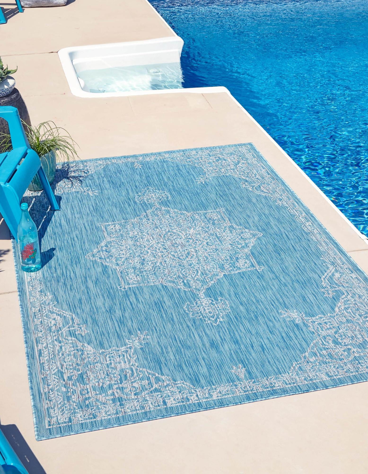 Aqua Blue Rectangular Synthetic Outdoor Area Rug