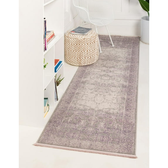 2.5' x 10' Purple and Gray Floral Border Rectangular Rug Runner