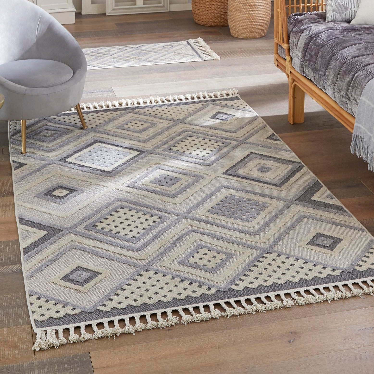 Ivory and Gray Geometric Rectangular Braided Rug