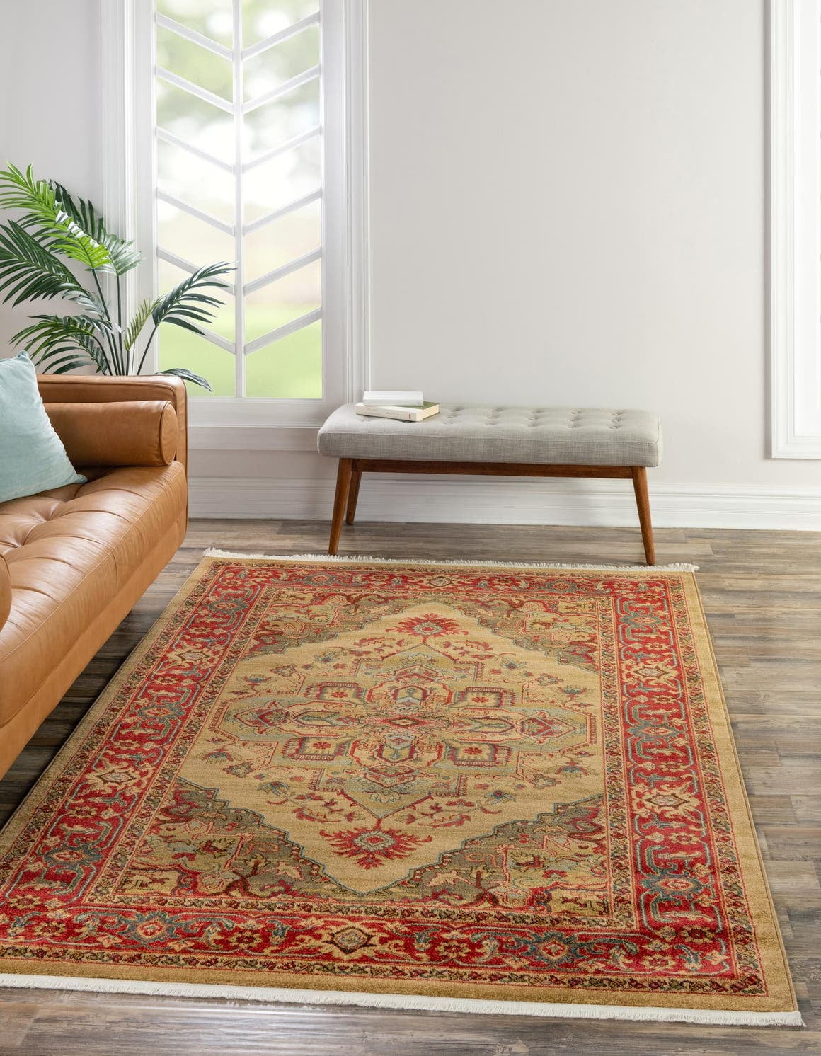 Tan and Red Synthetic Stain-Resistant Rectangular Area Rug