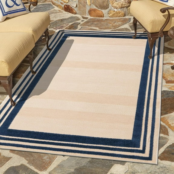 Unique Loom Aruba Outdoor Collection Area Rug - Tanki (2' x 3' Rectangle Beige/Navy Blue)