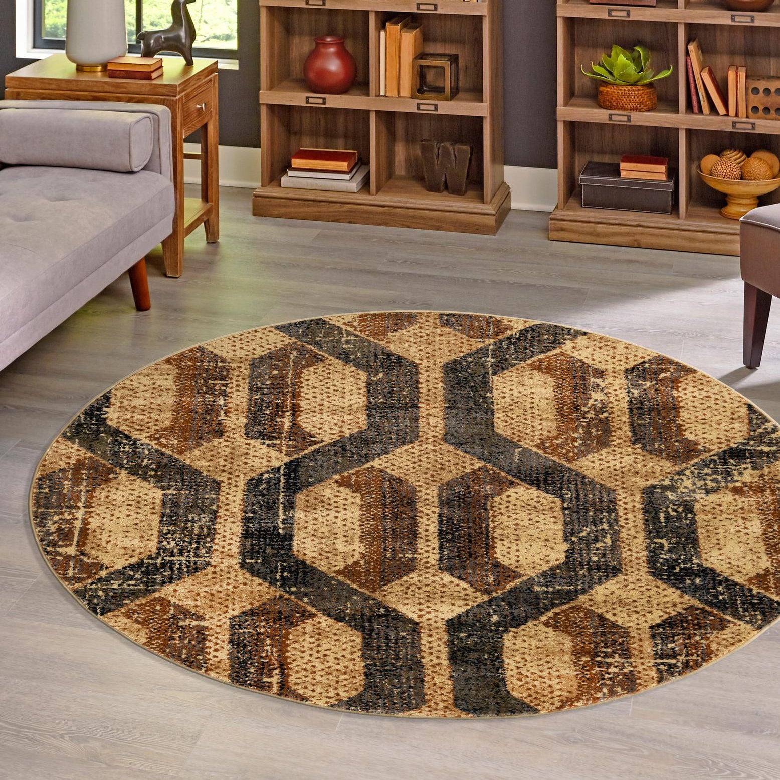 Saturn Beige Cream and Black Round Geometric Rug