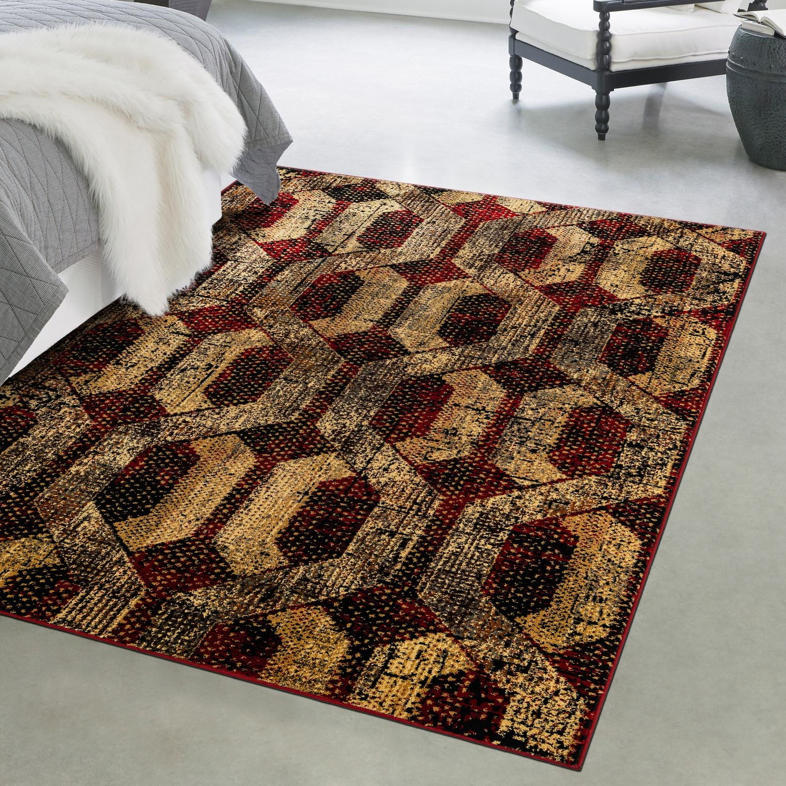 Burgundy Geometric Synthetic Rectangular Area Rug 5'3" x 8'