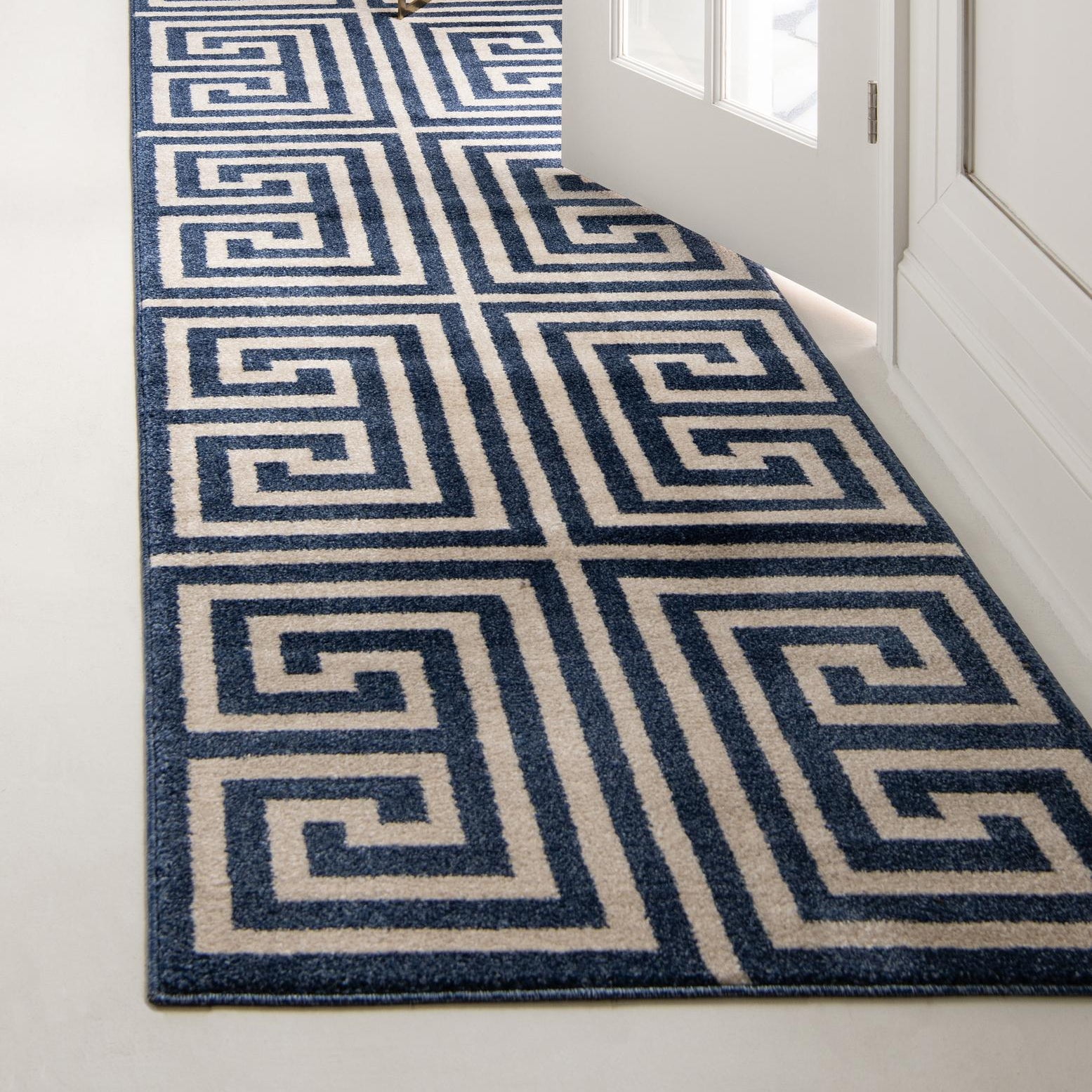 Navy Blue Geometric Stain-Resistant Synthetic Runner Rug