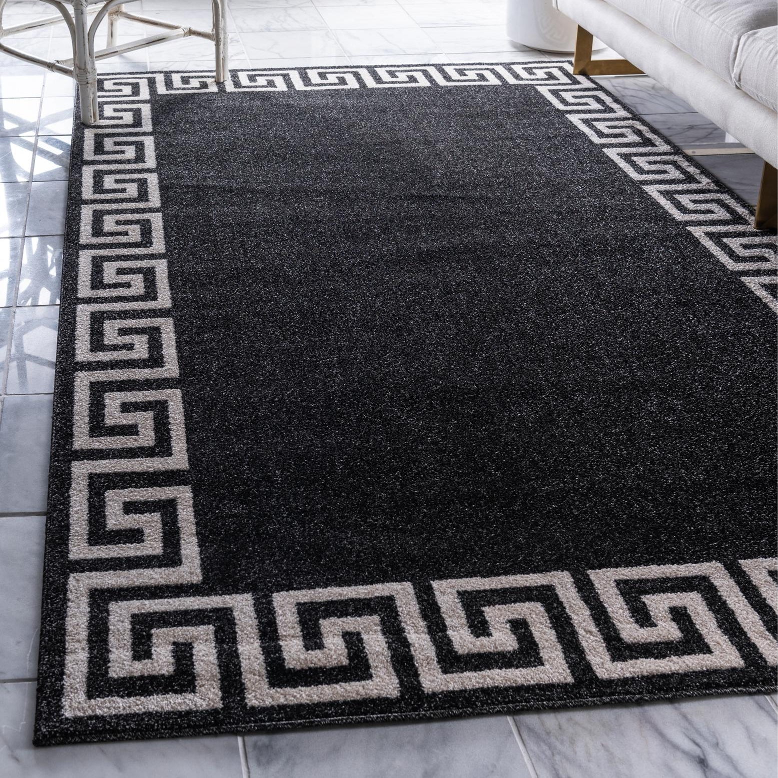 Charcoal and Grey Rectangular Geometric Border Area Rug, 9' x 12'