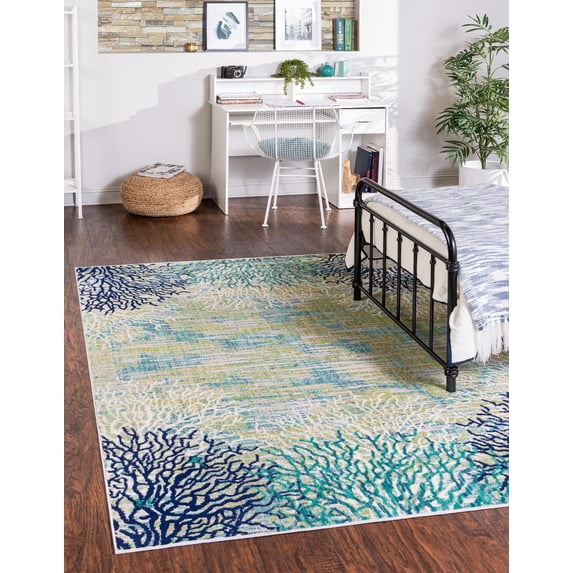 Unique Loom Atoll Ariel Rug Blue/Ivory 7' 10" x 10' Rectangle Botanical Beach/Nautical Perfect For Living Room Bed Room Dining Room Office