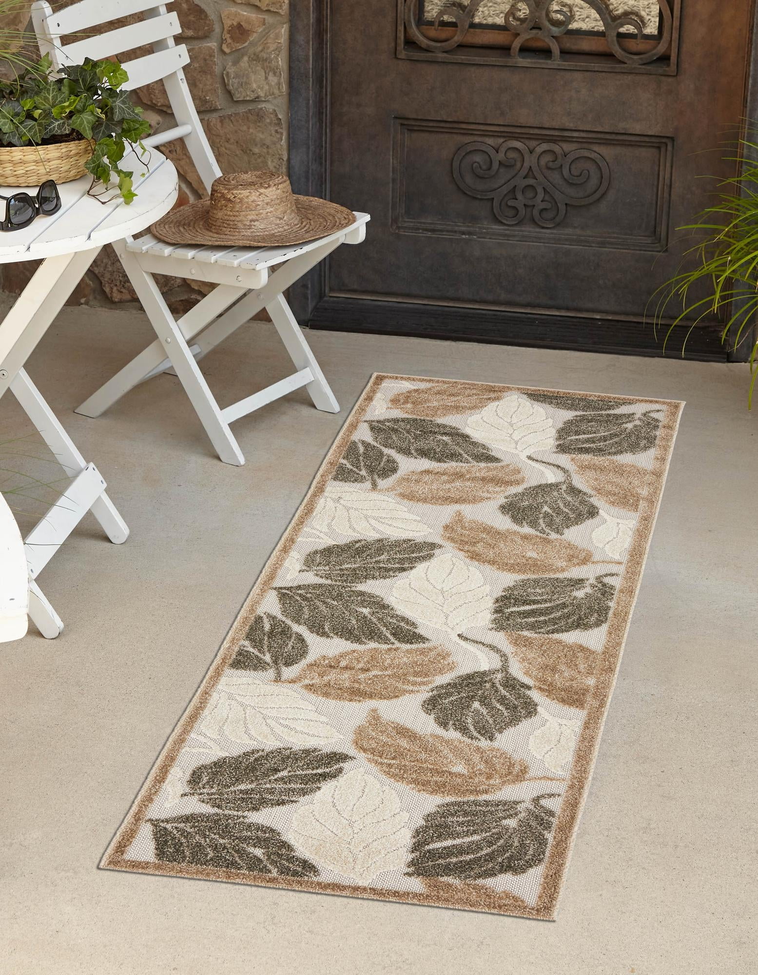 Tranquil Leaf Pattern 2' x 6' Runner Rug in Beige and Brown for Indoor/Outdoor Use