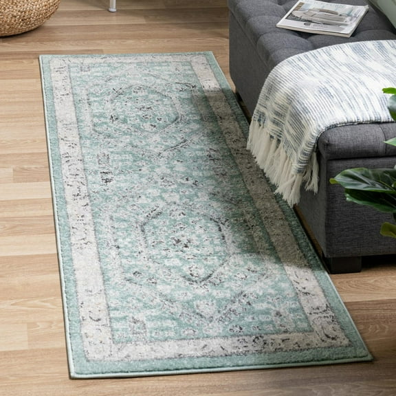 Unique Loom Aurelia Collection Area Rug - Trajan (2' x 8' Runner Aqua/Ivory)