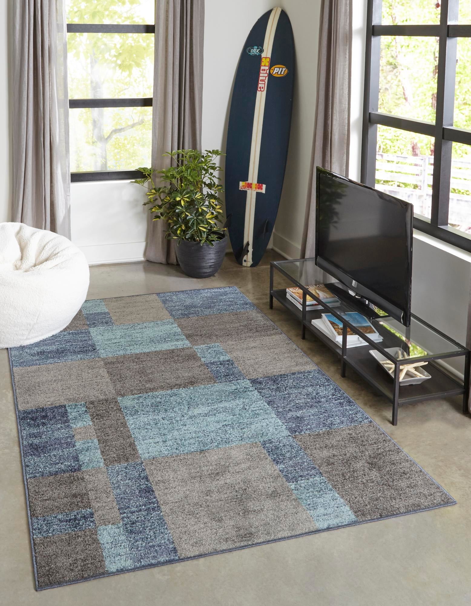 Autumn Geometric Blue Rectangular Easy-Care Indoor Rug