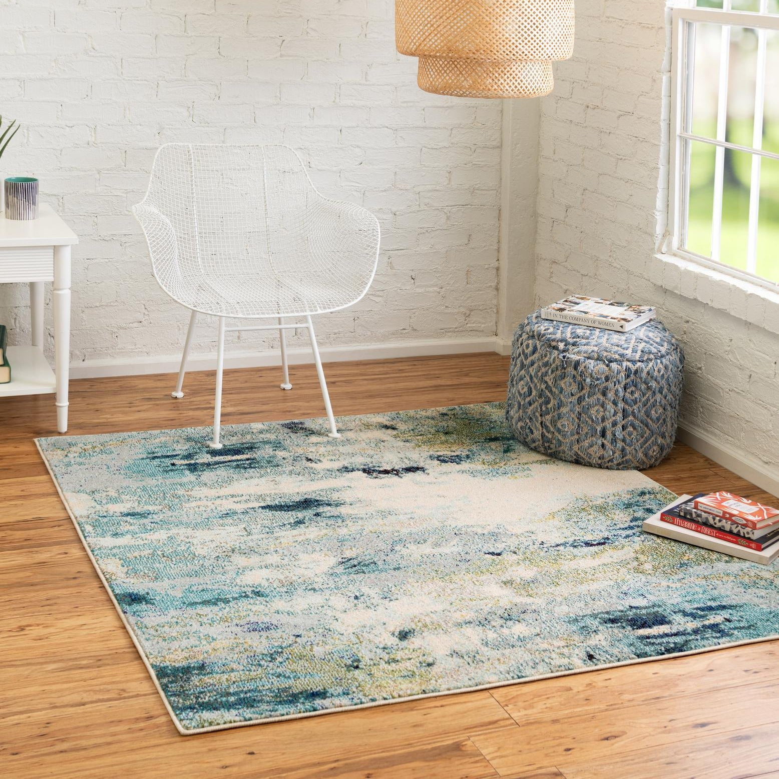 Light Blue and Beige Abstract Square Synthetic Rug 5'1"