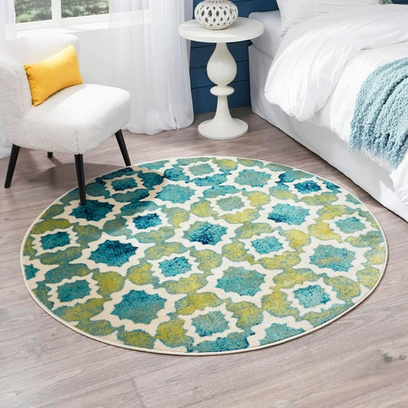 Unique Loom Azalea Collection Area Rug - Dodd (5' 3" Round Blue/Yellow)