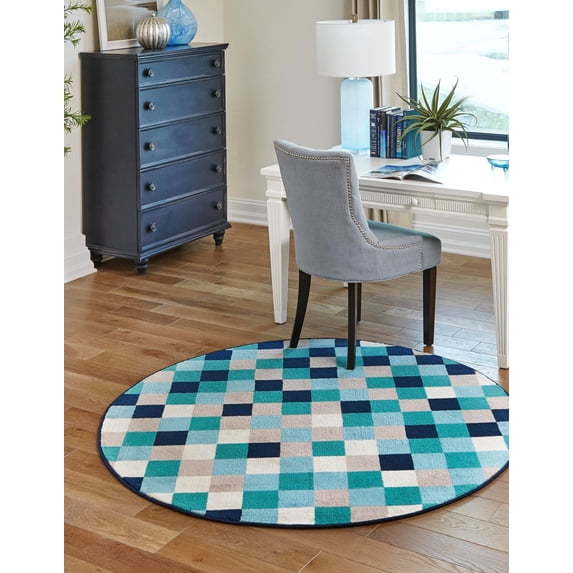 Unique Loom Azalea Collection Area Rug - Holly (7' Round Teal/Navy Blue)