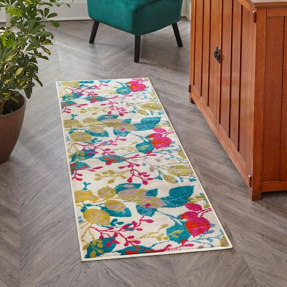 Unique Loom Azalea Collection Area Rug - Indica (2' 11" x 12' Runner Ivory/Teal)