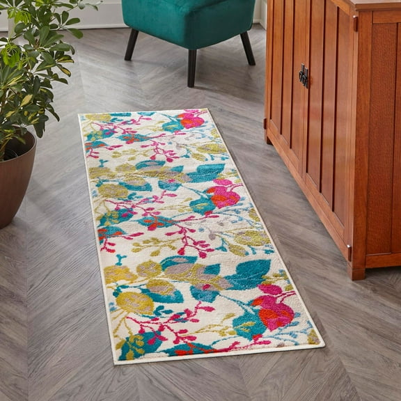Unique Loom Azalea Collection Area Rug - Indica (2' x 8' Runner Ivory/Teal)
