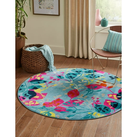 Unique Loom Azalea Collection Area Rug - Indica (3' Round Aqua/Navy Blue)