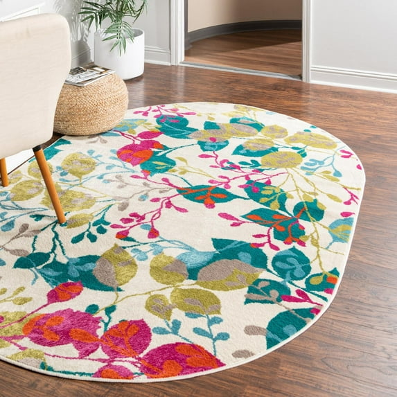 Unique Loom Azalea Collection Area Rug - Indica (4' x 6' Oval Ivory/Teal)