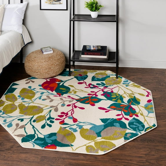 Unique Loom Azalea Collection Area Rug - Indica (5' 3" Octagon Ivory/Teal)