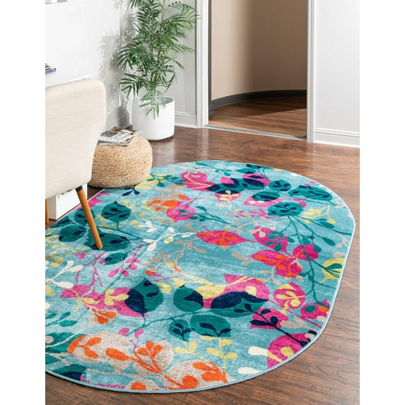 Unique Loom Azalea Collection Area Rug - Indica (7' 10" x 10' Oval Aqua/Navy Blue)