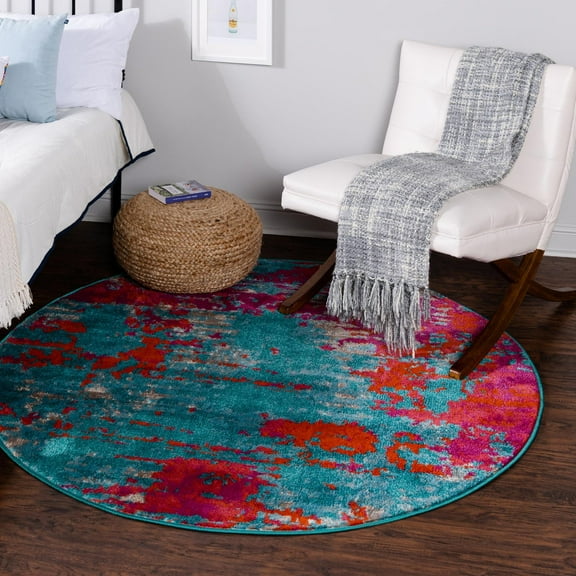 Unique Loom Azalea Collection Area Rug - Kyushu (3' Round Turquoise/Light Blue)
