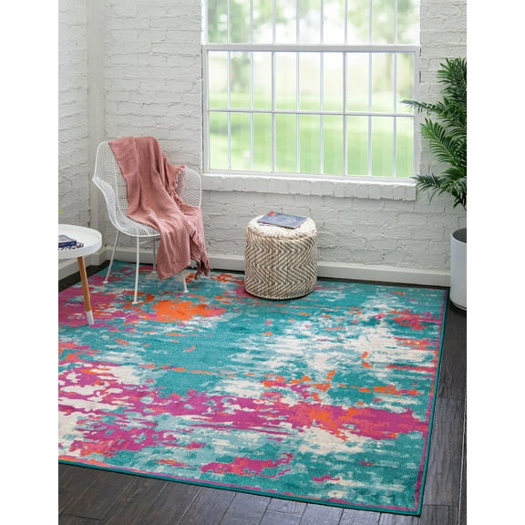 Unique Loom Azalea Collection Area Rug - Kyushu (7' 10" Square Turquoise/Light Blue)