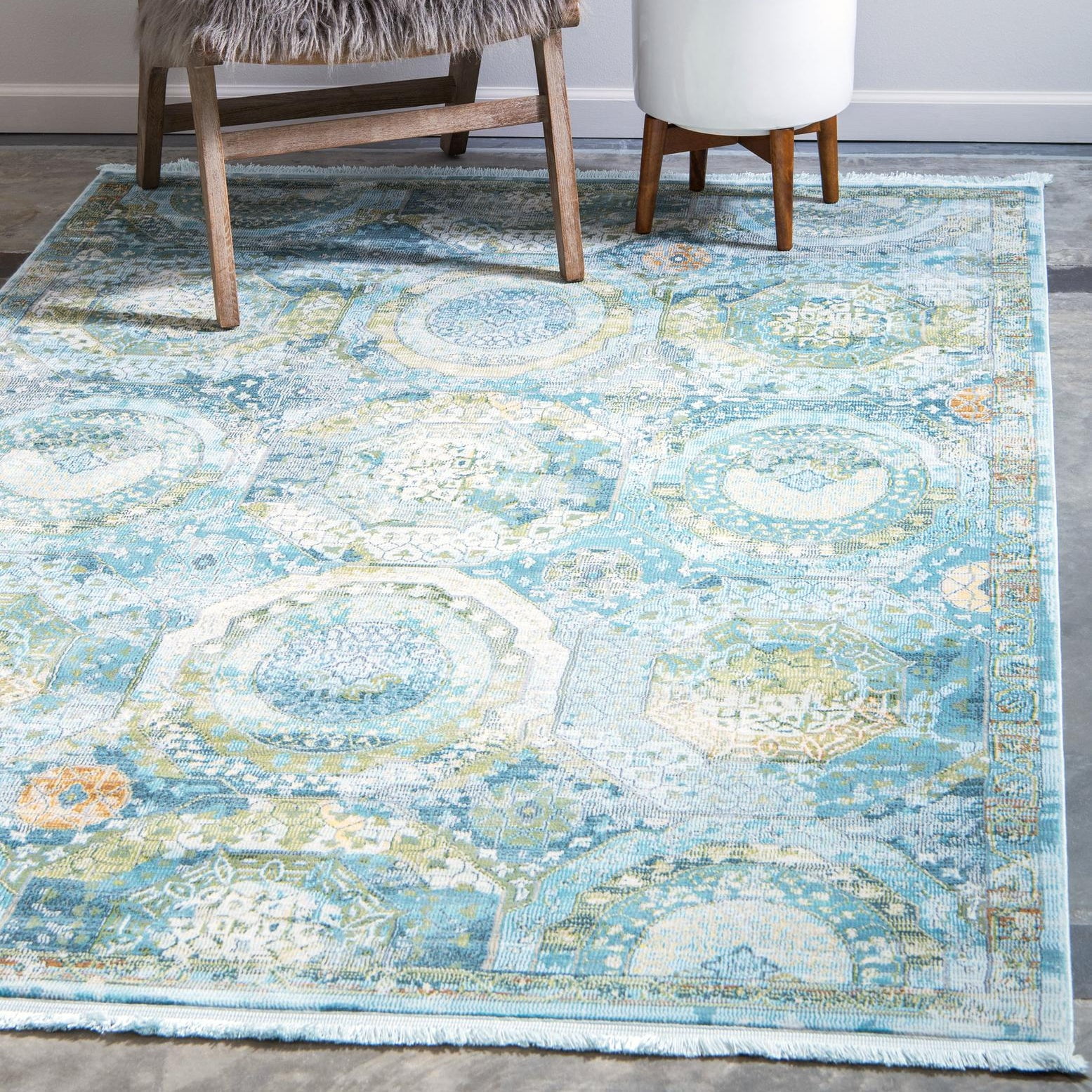 Light Blue Geometric Synthetic Easy Care Area Rug, 3' x 5'