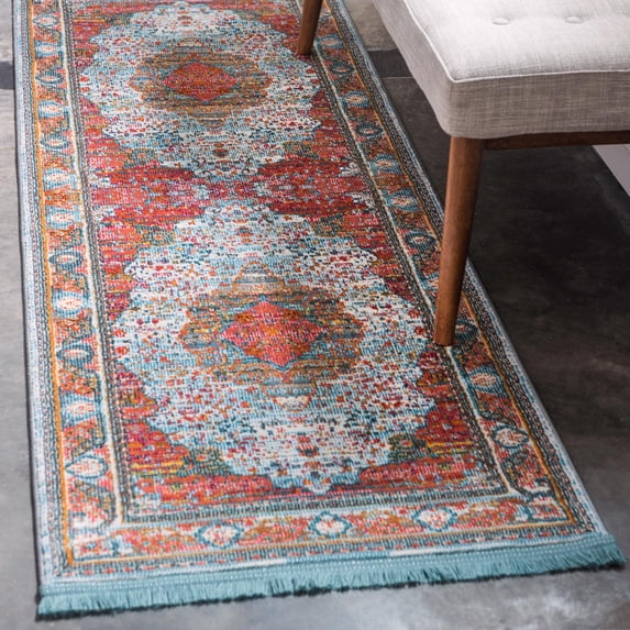 Unique Loom Baracoa Collection Area Rug - Malecon (2' 7" x 13' Runner Light Blue/Orange)