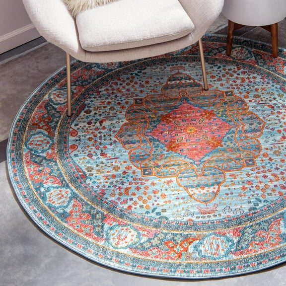 Unique Loom Baracoa Collection Area Rug - Malecon (3' 3" Round Light Blue/Orange)