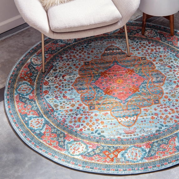 Unique Loom Baracoa Collection Area Rug - Malecon (5' 5" Round Light Blue/Orange)