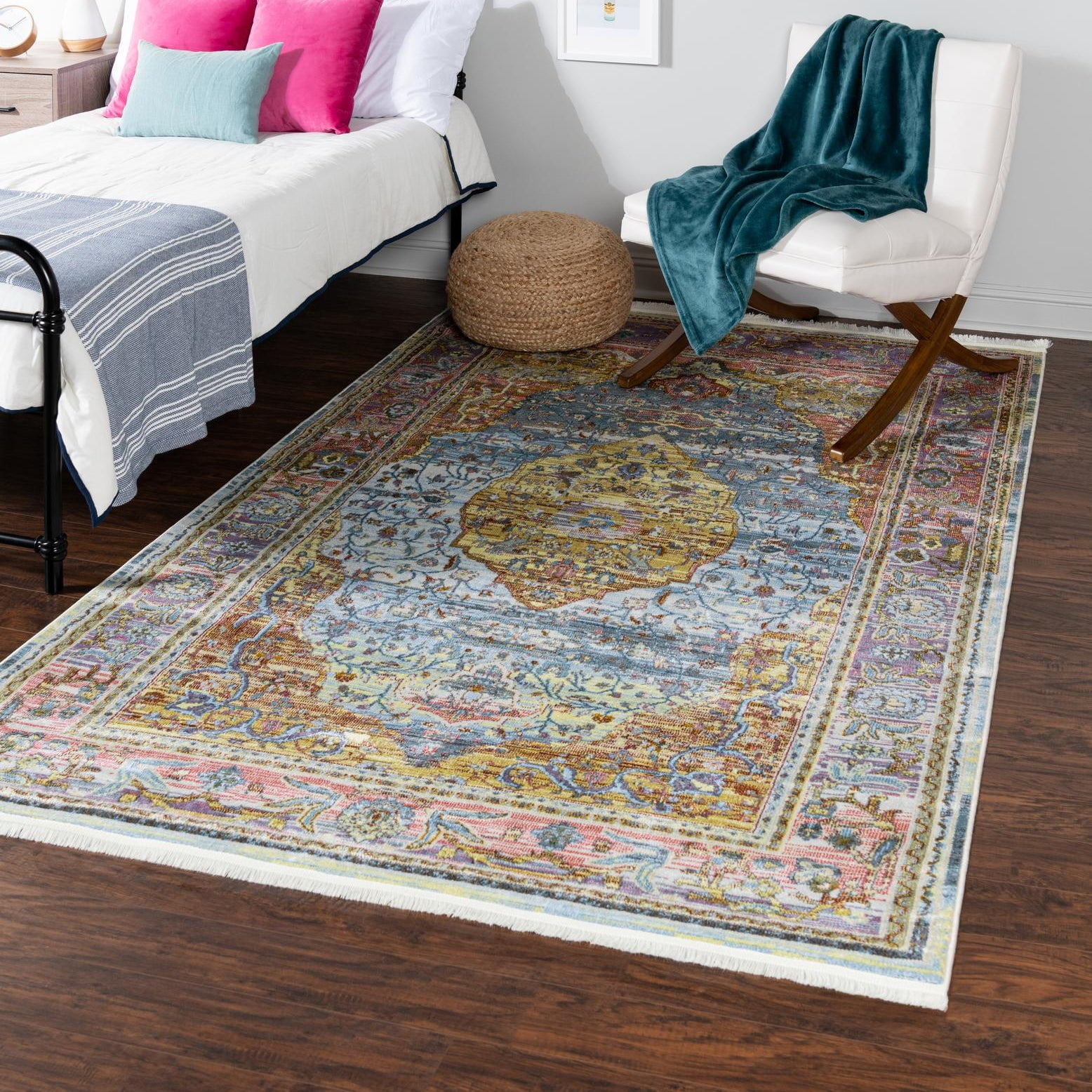 Miramar Light Blue and Multi Synthetic Rectangular Area Rug