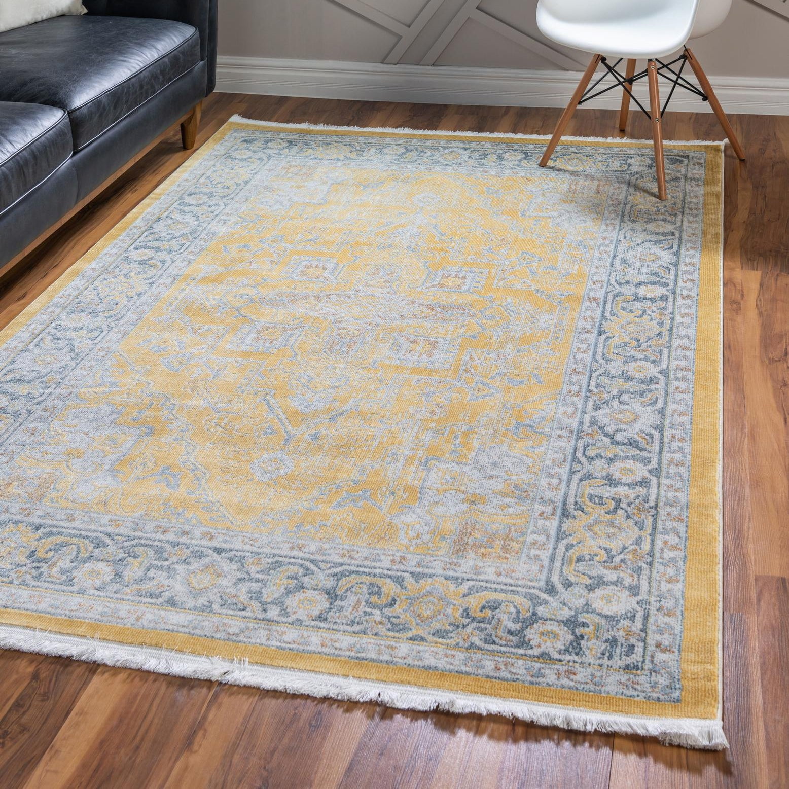 Yellow and Gray Rectangular Synthetic Easy Care Area Rug