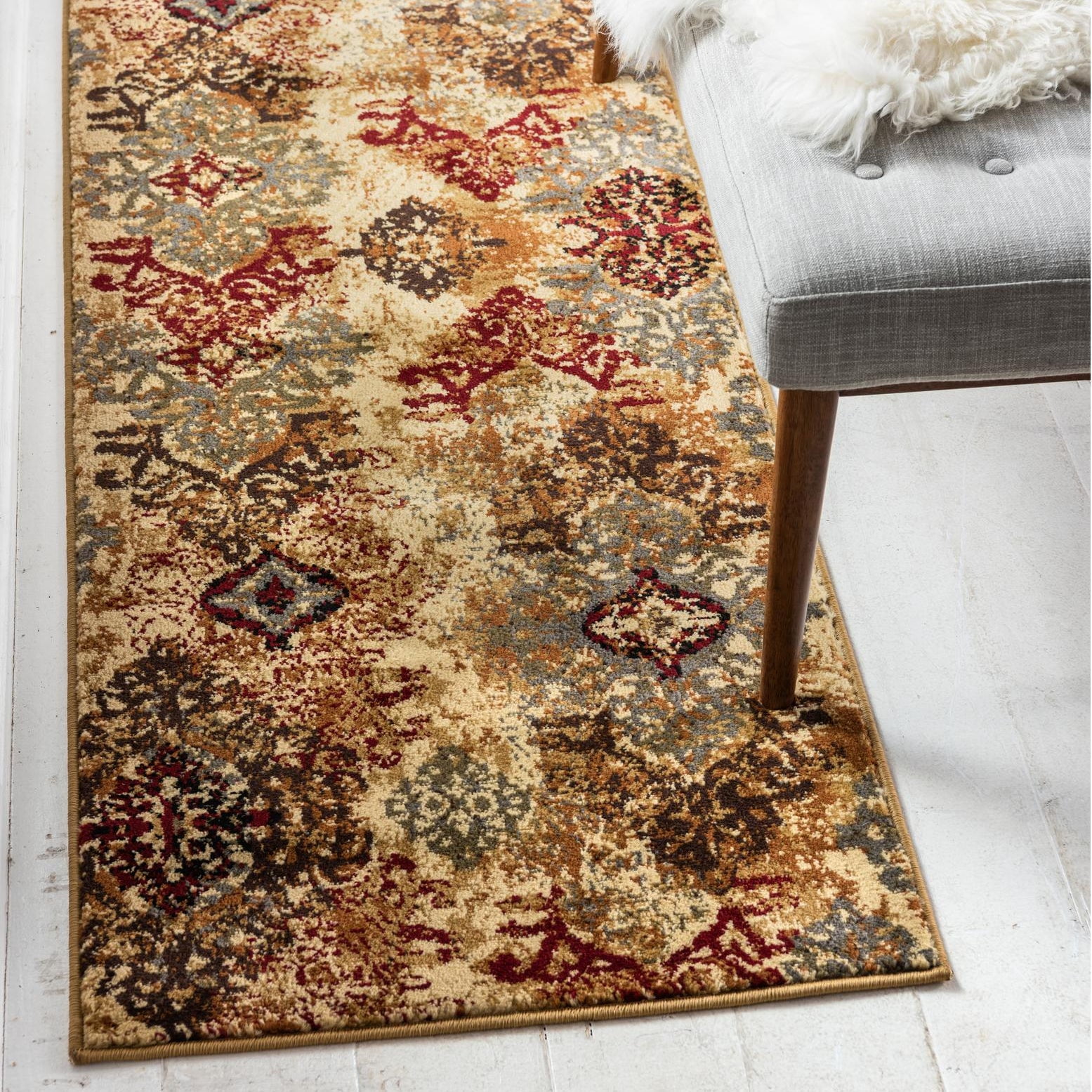 Beige and Blue Geometric Synthetic Runner Rug