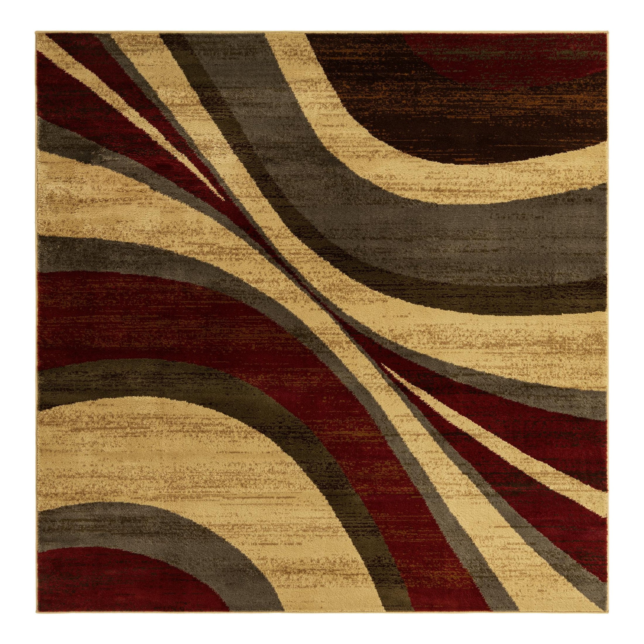 Square Beige and Red Abstract Synthetic Indoor Rug