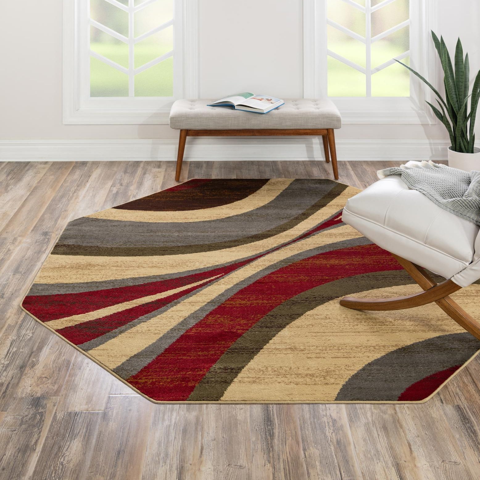 Braided Black and Brown Abstract Synthetic Easy Care Octagon Rug