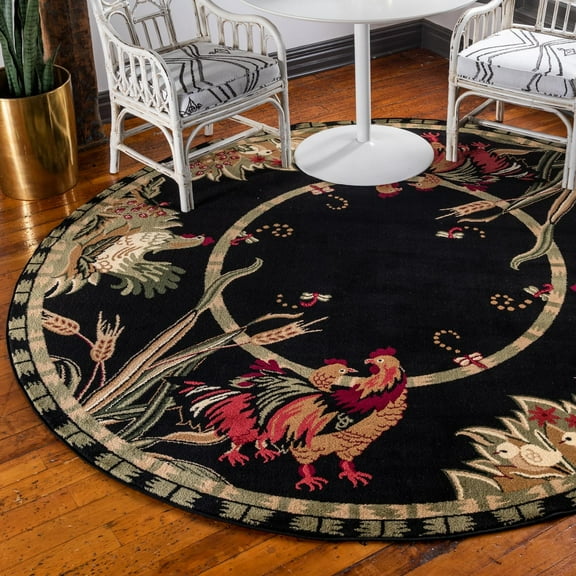 Unique Loom Barnyard Collection Area Rug - Farm (3' 3" Round Black/Cream)