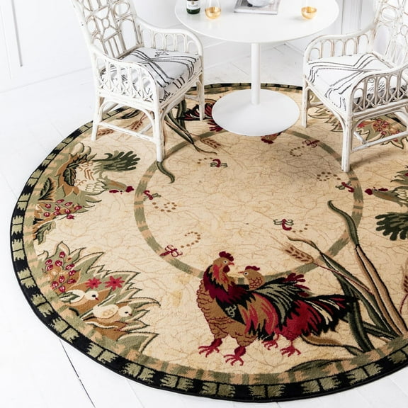 Unique Loom Barnyard Collection Area Rug - Farm (4' 1" Round Cream/Black)