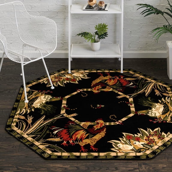 Unique Loom Barnyard Collection Area Rug - Farm (5' 3" Octagon Black/Cream)