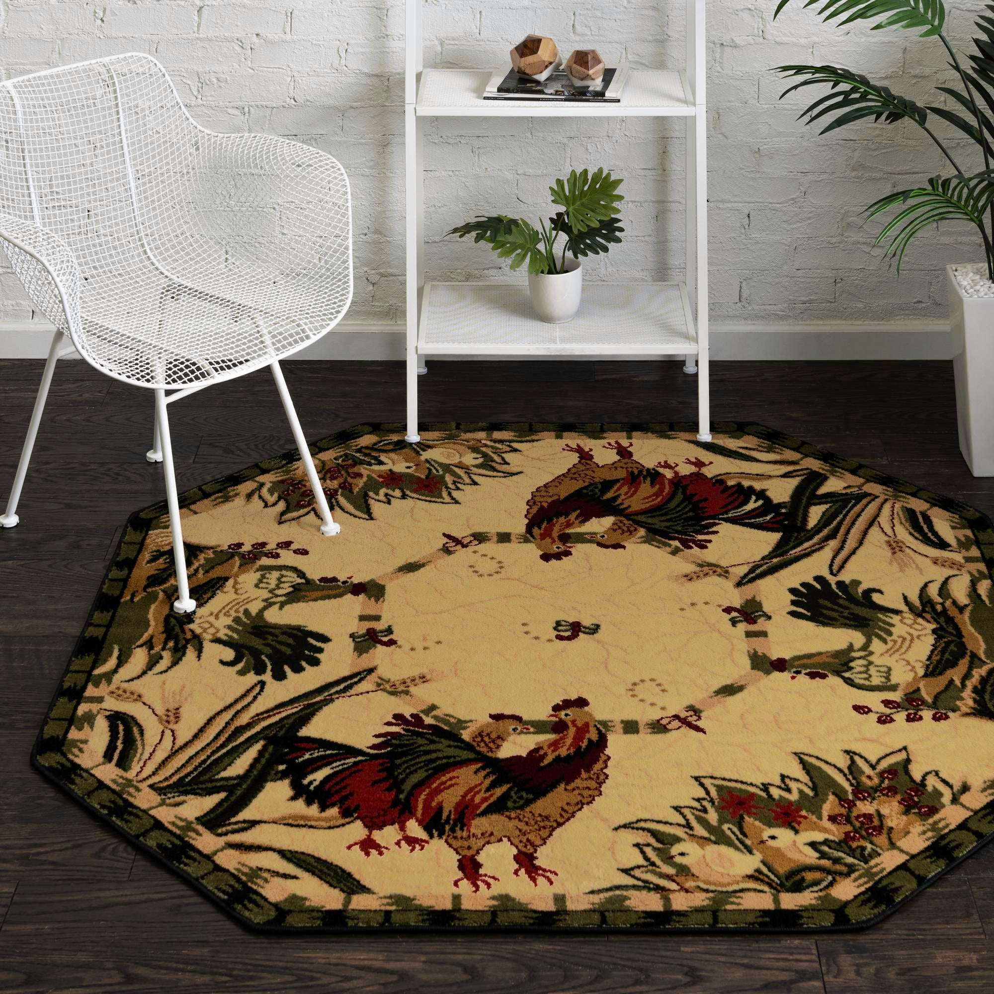 Ivory Floral Synthetic Octagon Stain-Resistant Indoor Rug