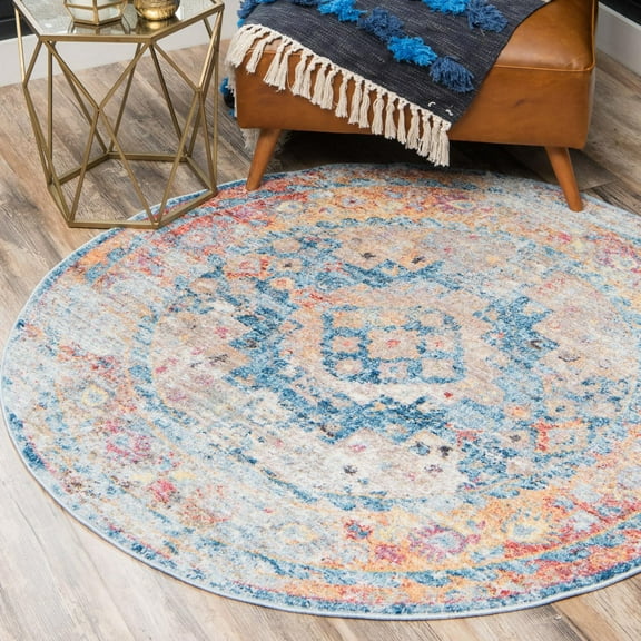 Unique Loom Basilica Collection Area Rug - Las Ventas (5' Round Blue/Beige)