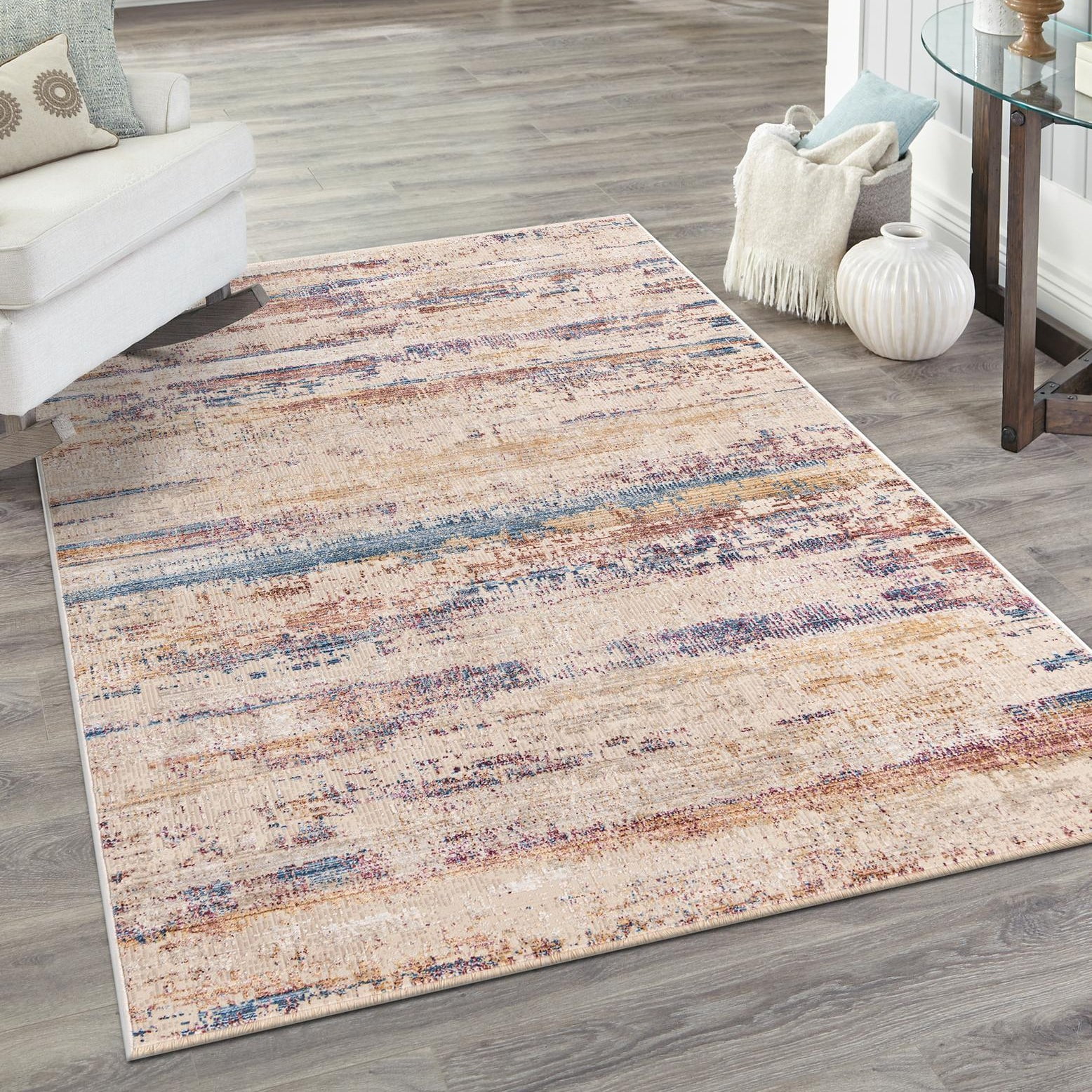 Rectangular Blue Abstract Stain-Resistant Synthetic Rug