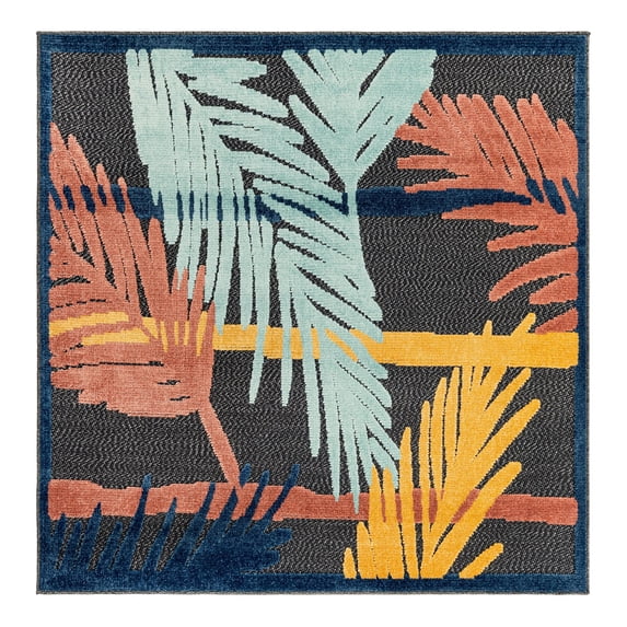 Unique Loom Belize Outdoor Collection Area Rug - Ambergris (5' 3" Square Charcoal/Light Blue)