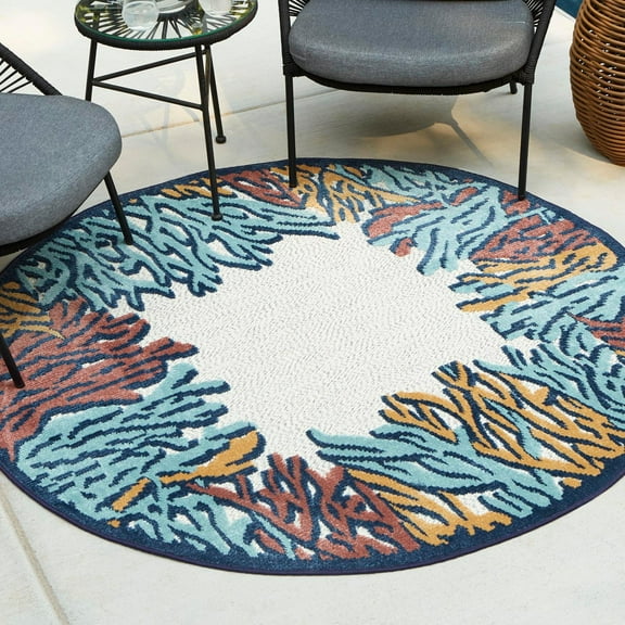 Unique Loom Belize Outdoor Collection Area Rug - Belmopan (3' 3" Round Multi/Ivory)