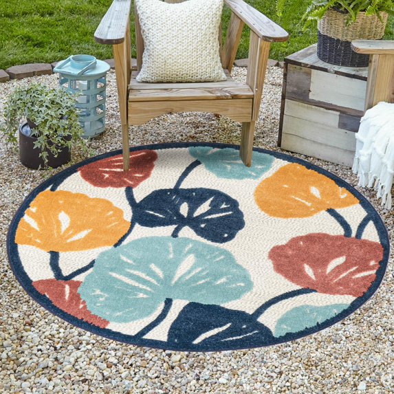 Unique Loom Belize Outdoor Collection Area Rug - Caulker (3' 3" Round Ivory/Navy Blue)