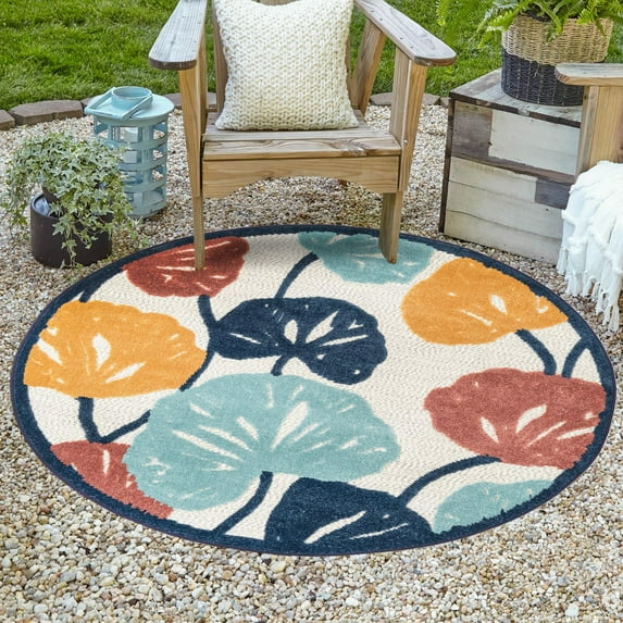 Unique Loom Belize Outdoor Collection Area Rug - Caulker (5' 3" Round Ivory/Navy Blue)
